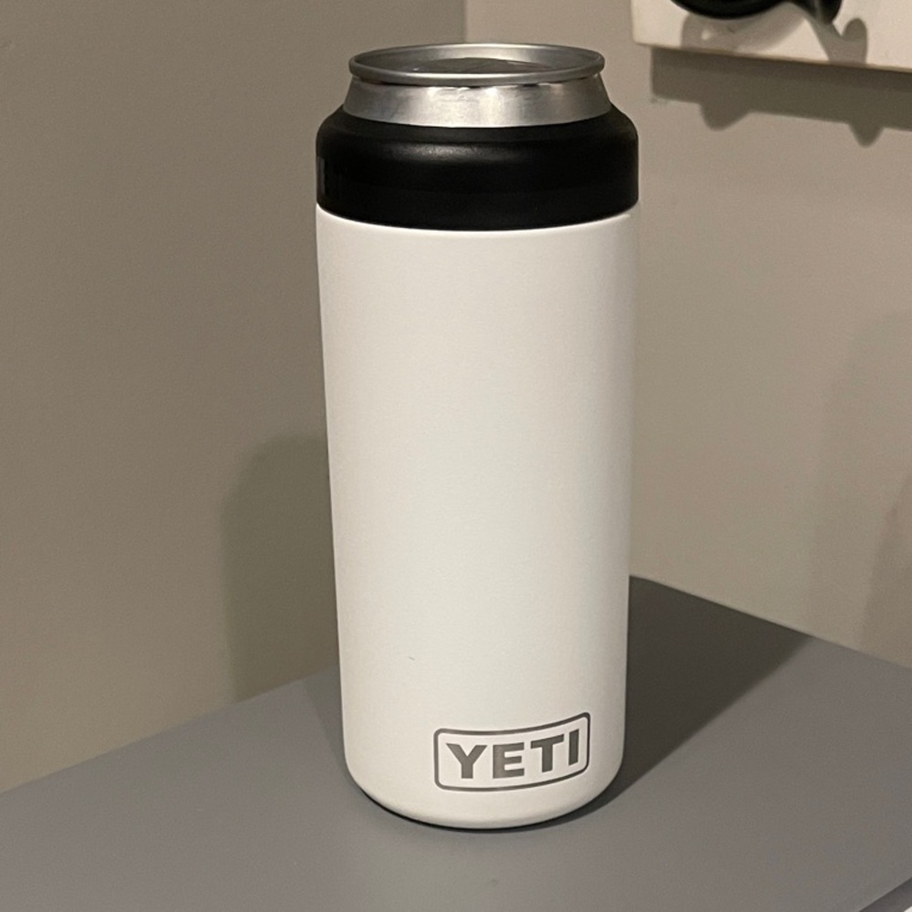 Yeti White and Black Rambler Slim Can Insulator